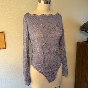 NWT Free People Scalloped Neckline Lilac Long Sleeve Sheer Lace Bodysuit Medium